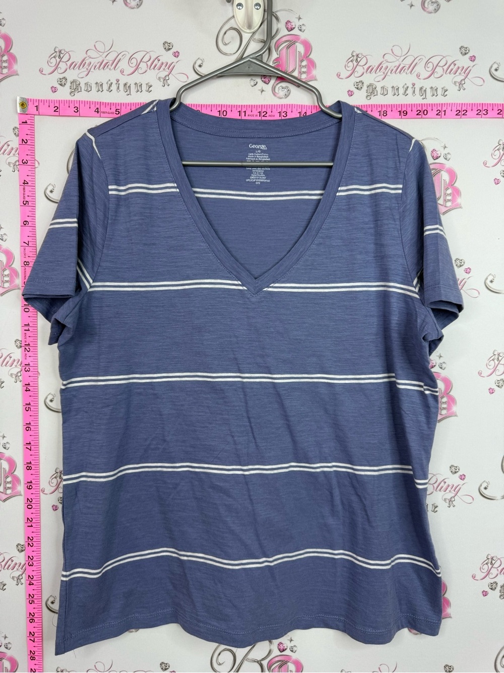 George cotton shirt Blue and White Striped V-Neck Short Sleeve Tee
